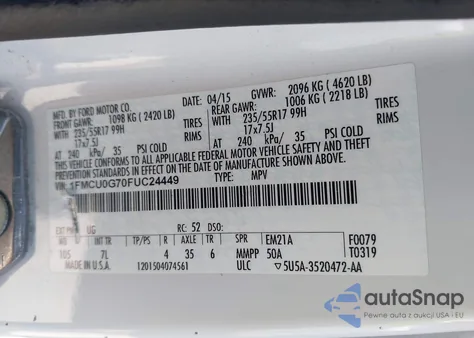 2015 Ford Escape Se из США, поврежденный, VIN 1FMCU0G70FUC24449